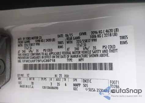 2015 Ford Escape S z USA, uszkodzony, nr VIN 1FMCU0F75FUC89718